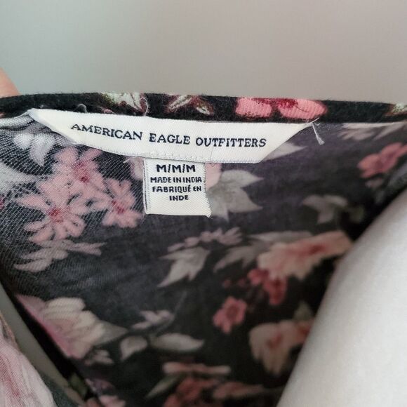 AMERICAN EAGLE dress black floral open back 3/4 sleeve ruffle viscose M - Picture 6 of 8